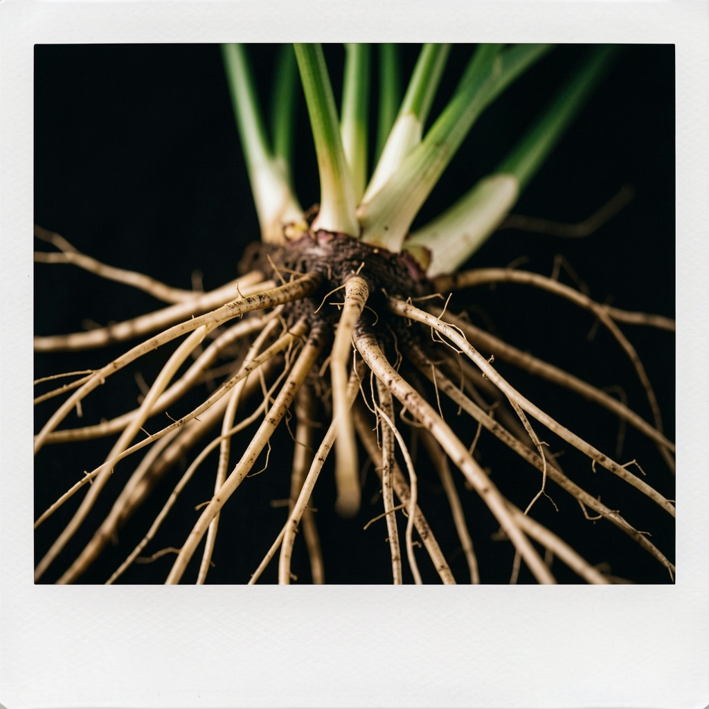 Makrofotografia korzeni roślinnych na ciemnym tle, tekstura naturalna, subtelne złote refleksy światła w stylu polaroidowym